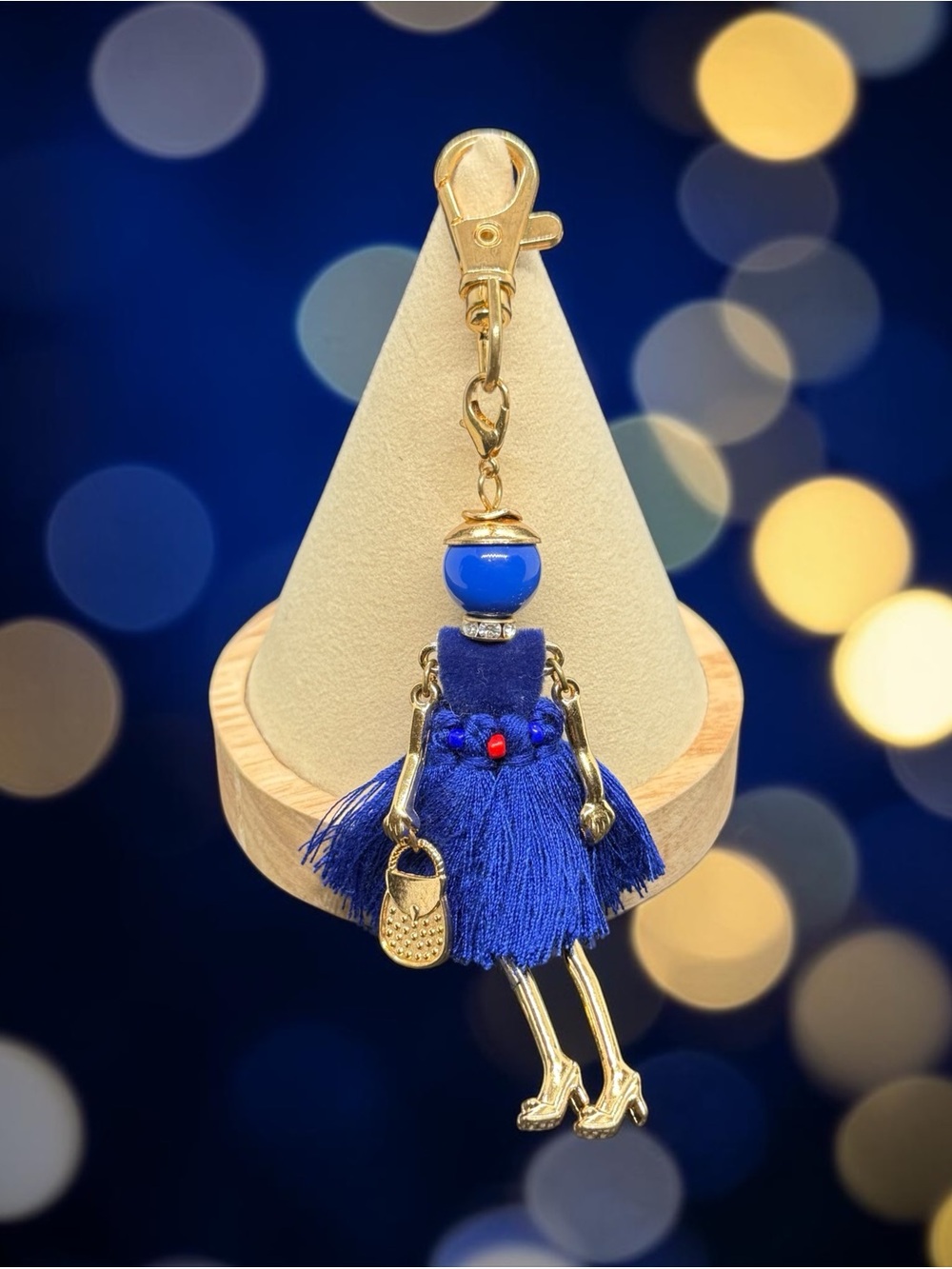 💛💙Gold & Royal Blue Tassel Doll Keychain Bag Charm/NWOT💛💙